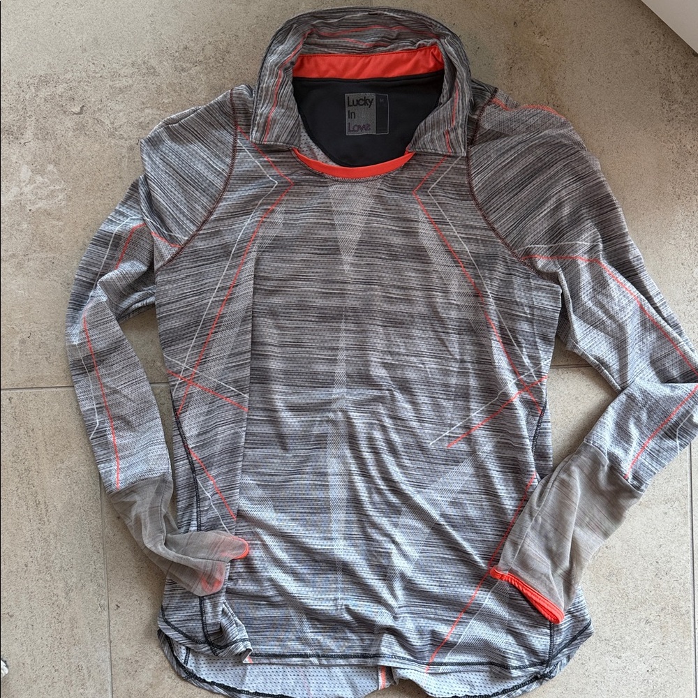 Lucky in Love Gray and bright Orange Long Sleeve Tennis top